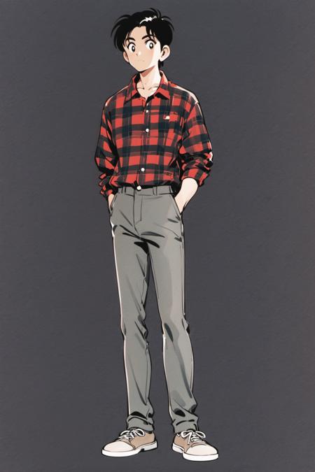 23701-3230527253-solo, 1boy, male focus, black hair, jacket, shoes, pants, shirt, full body, plaid, hands in pockets, simple background, plaid sh.png